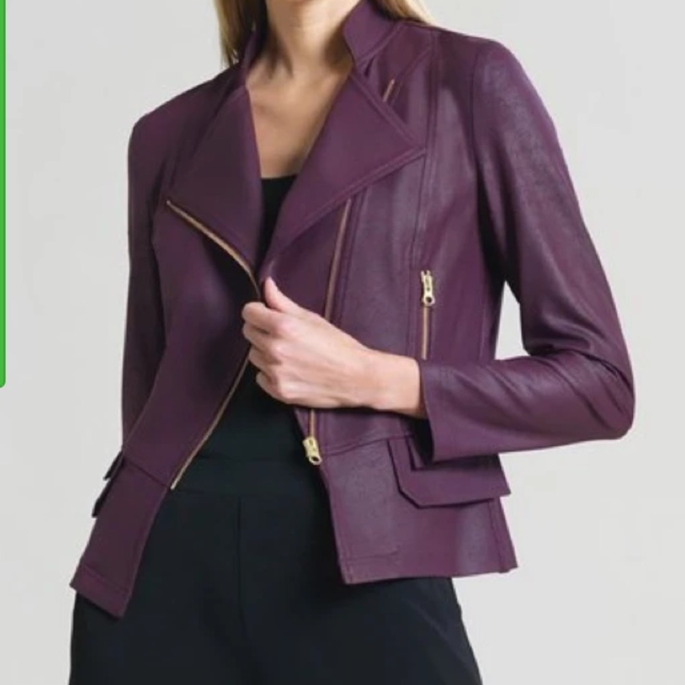 CLARA SUN WOO Purple Eggplant Liquid Leather Faux Leather Moto Jacket Large L
